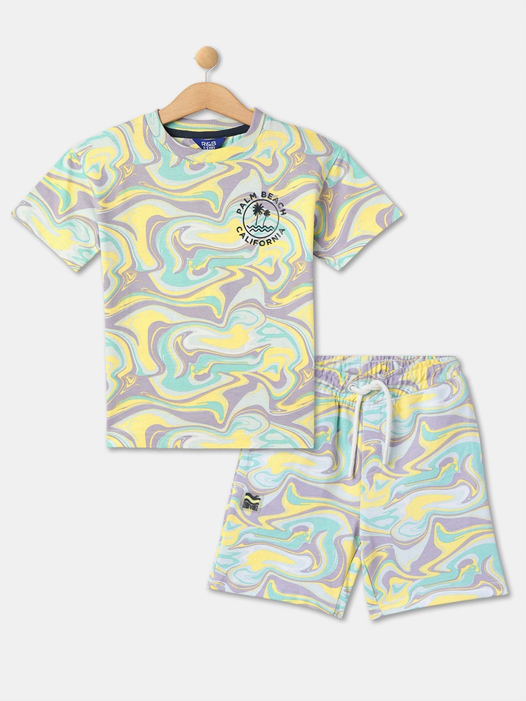 

R&B Boys Abstract Printed Pure Cotton T-shirt With Shorts, Yellow