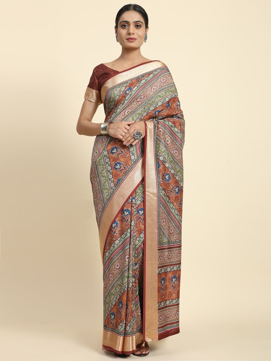 

Phenav Ethnic Motifs Printed Zari Brasso Saree, Brown