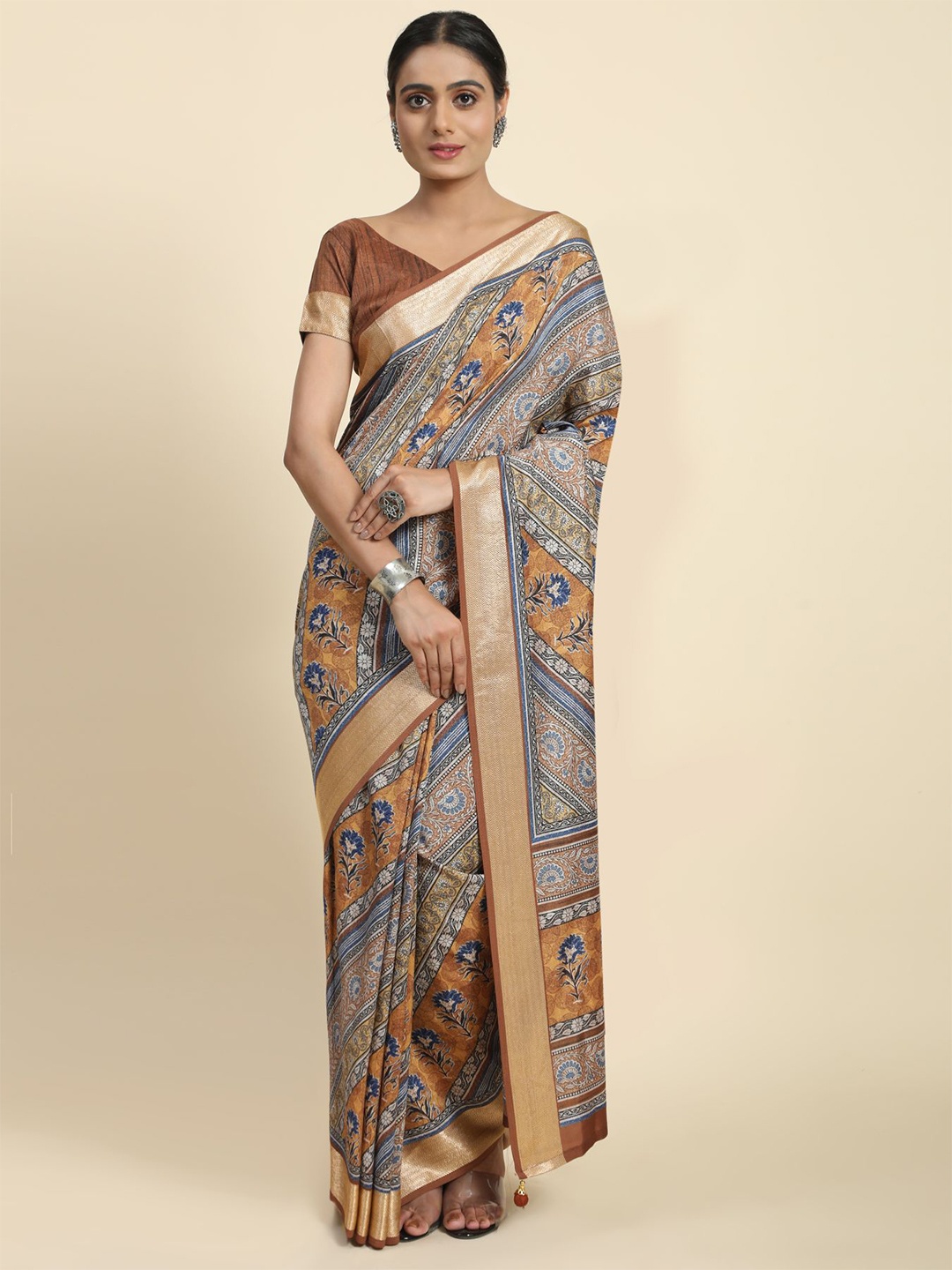 

Phenav Floral Printed Brasso Zari Saree, Yellow