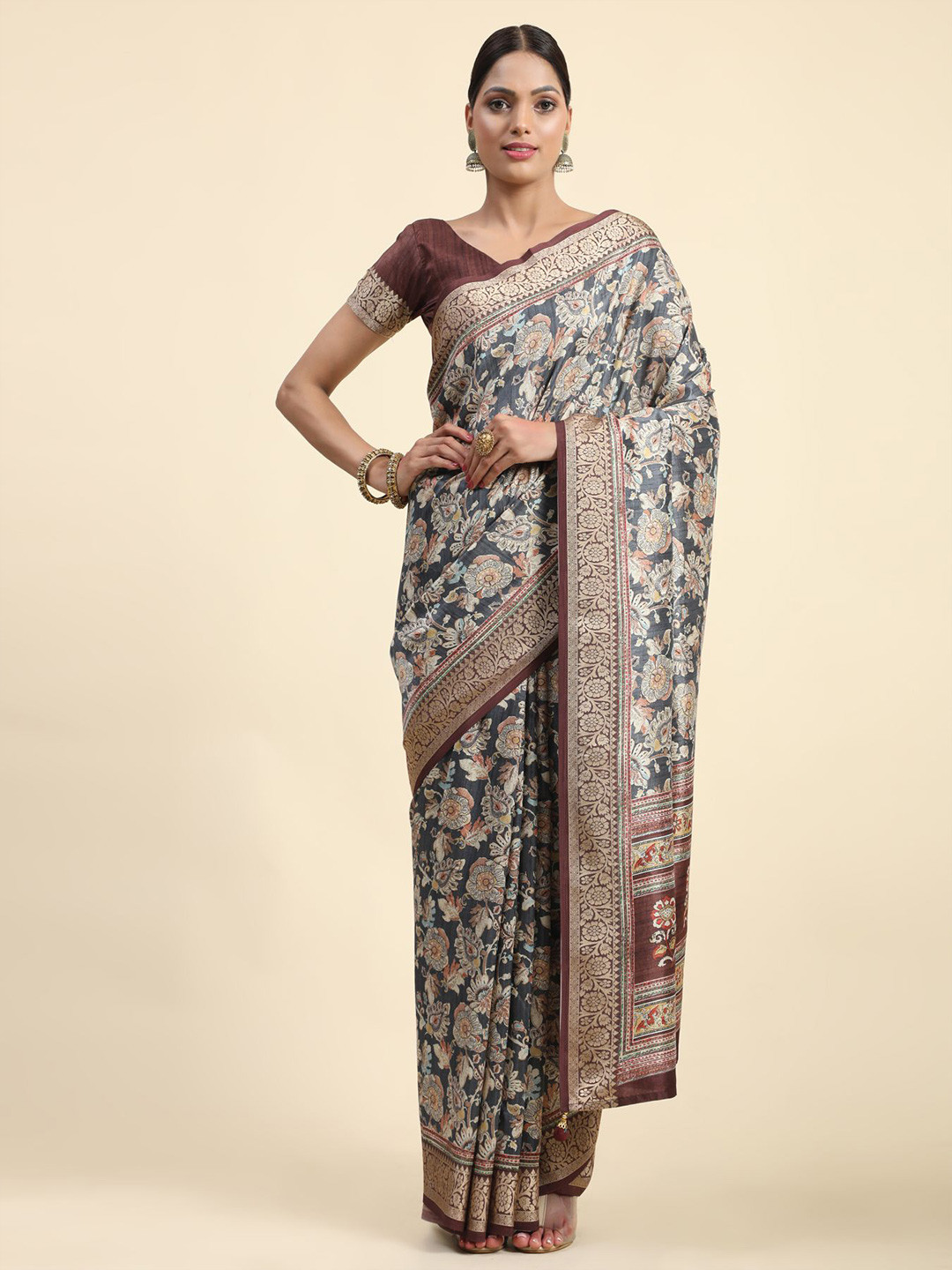 

Phenav Ethnic Motifs Printed Zari Brasso Saree, Brown