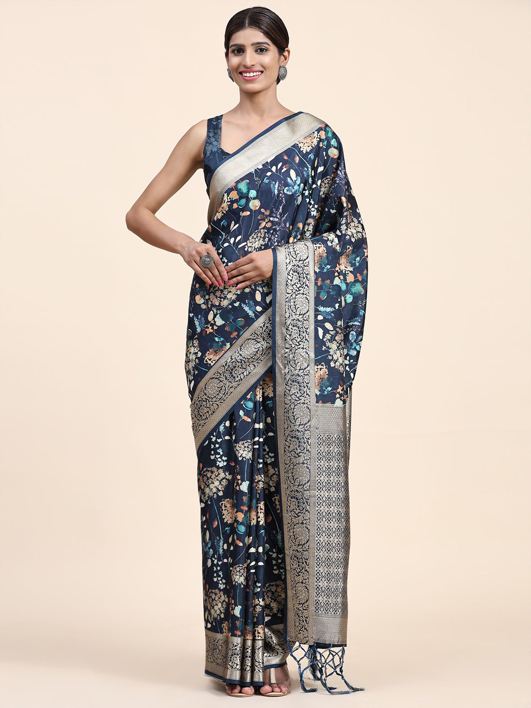 

Phenav Floral Printed Zari Brasso Saree, Navy blue