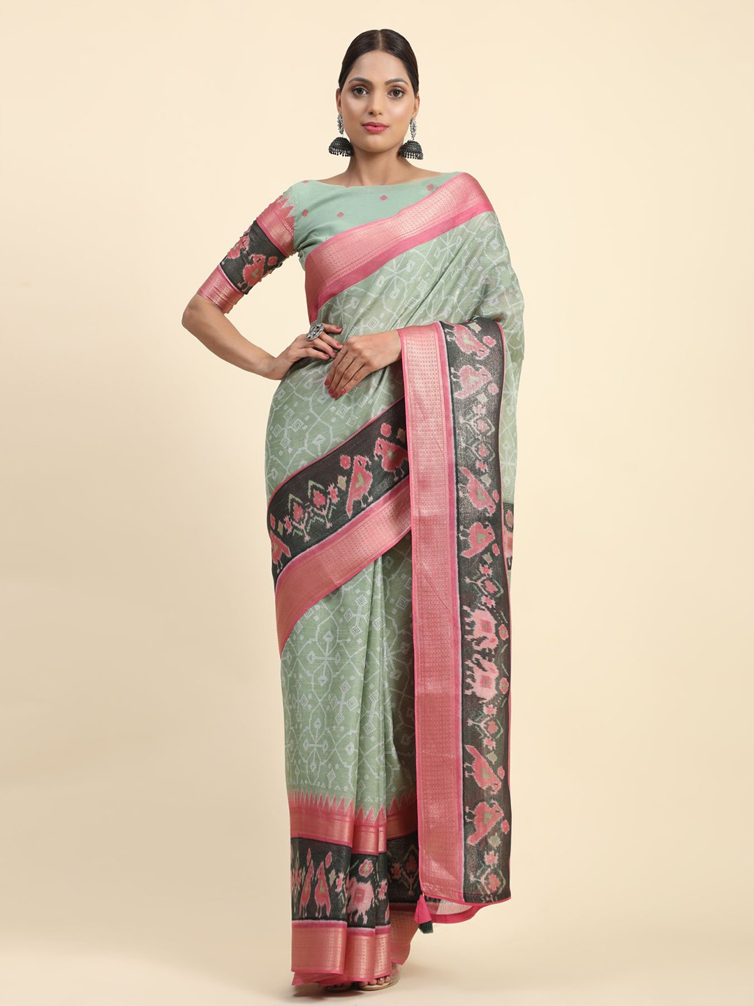 

Phenav Ethnic Motifs Printed Zari Patola Saree, Sea green