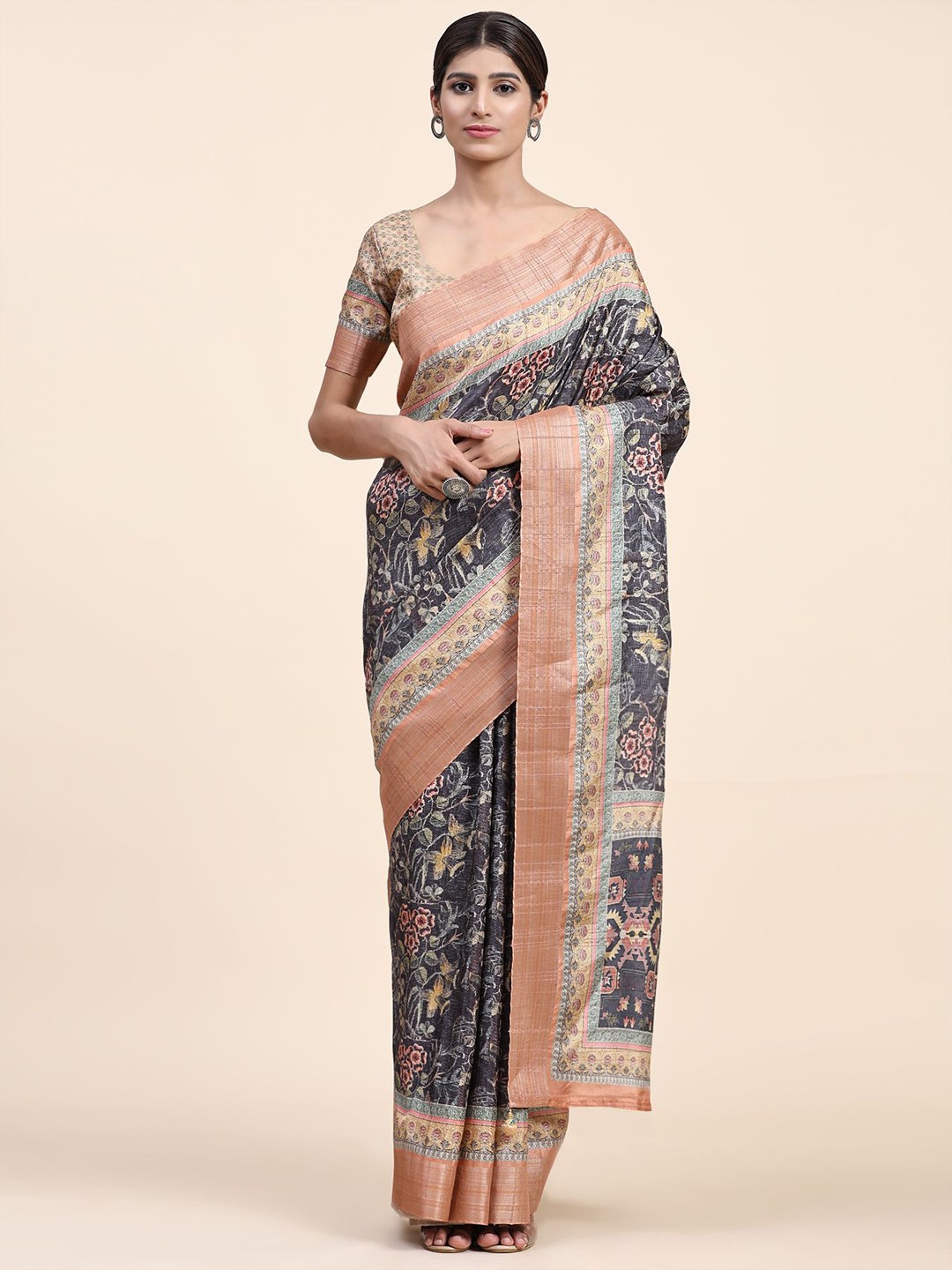 

Phenav Floral Printed Zari Brasso Saree, Grey
