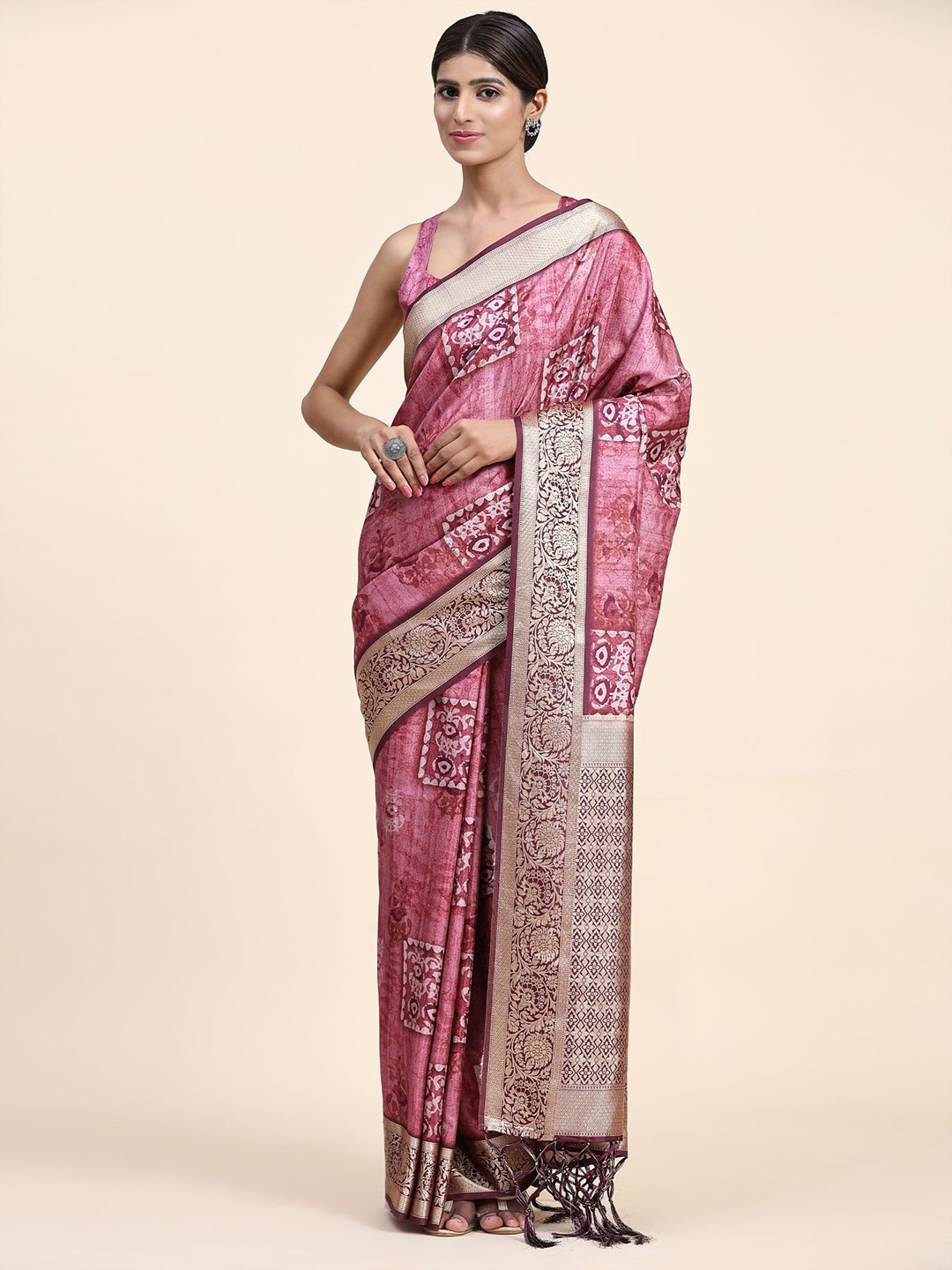 

Phenav Ethnic Motifs Printed Zari Brasso Saree, Pink