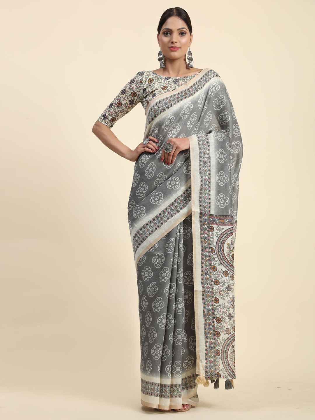 

Phenav Ethnic Motifs Printed Brasso Saree, Grey