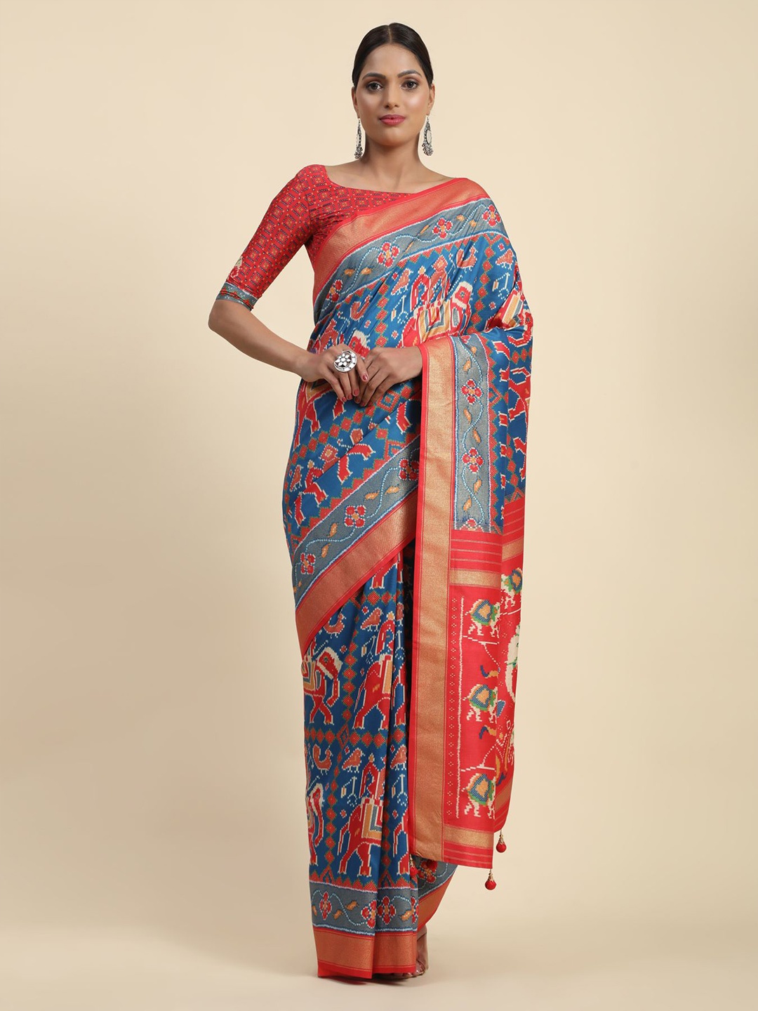 

Phenav Ethnic Motifs Printed Zari Silk Blend Patola Saree, Blue