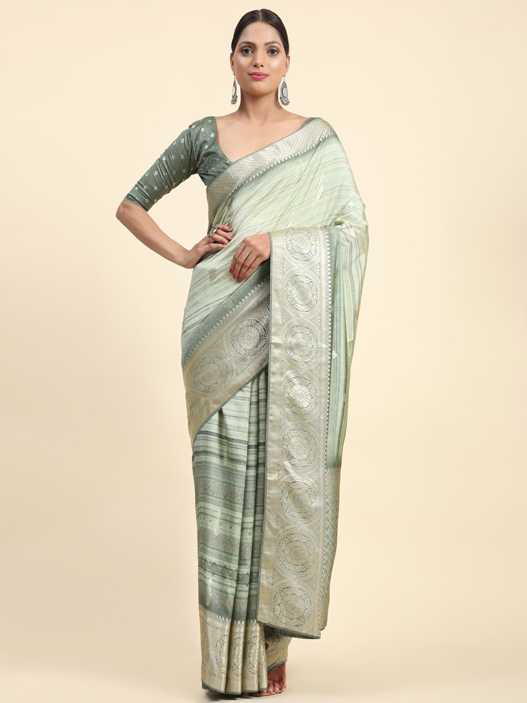 

Phenav Ethnic Motifs Woven Design Zari Silk Blend Saree, Sea green