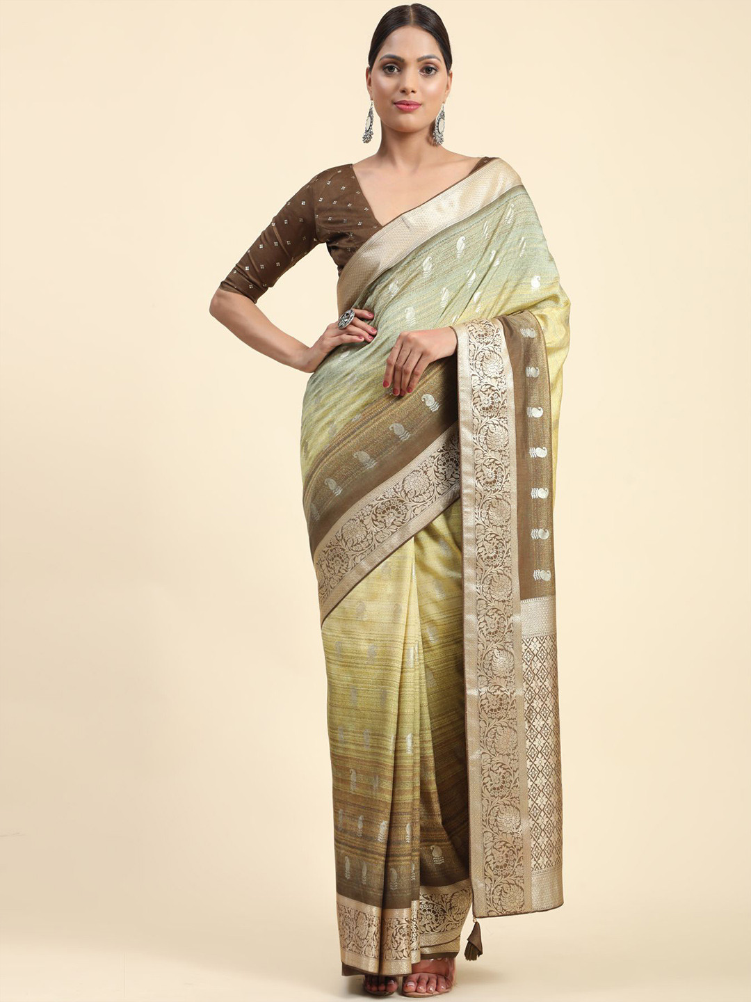 

Phenav Ethnic Motifs Woven Design Zari Saree, Green