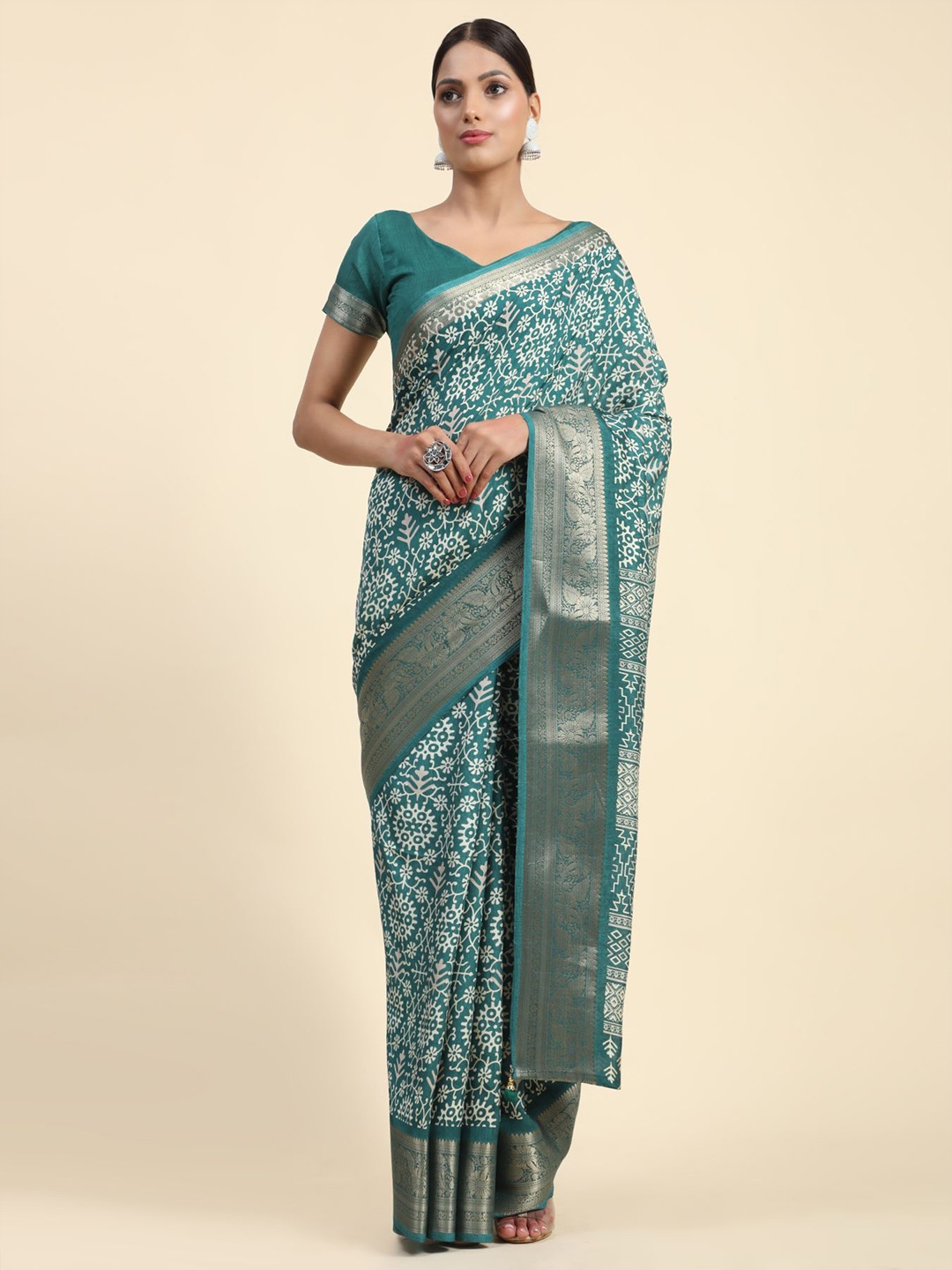 

Phenav Ethnic Motifs Printed Zari Brasso Saree, Green