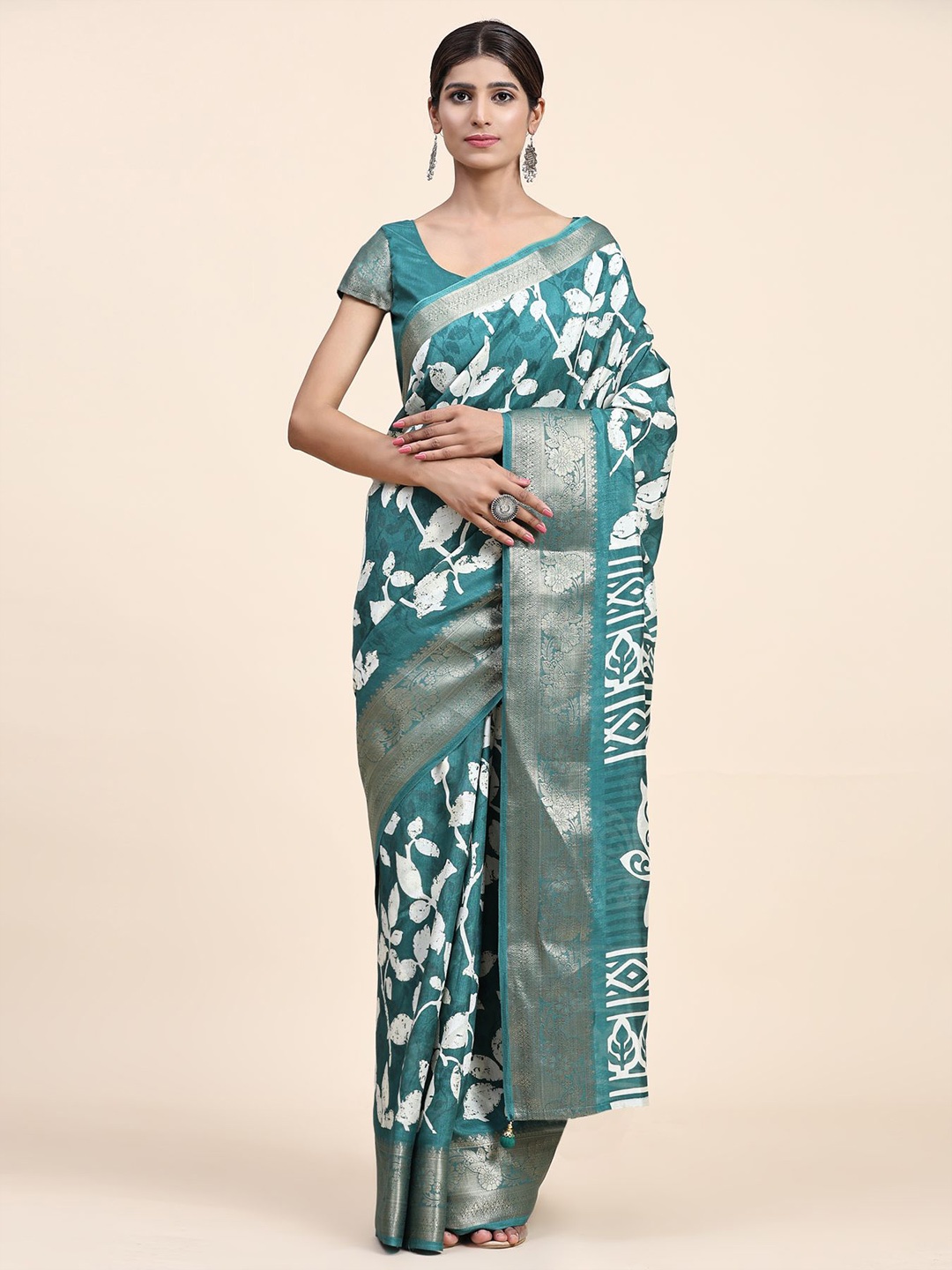 

Phenav Floral Printed Zari Brasso Saree, Blue