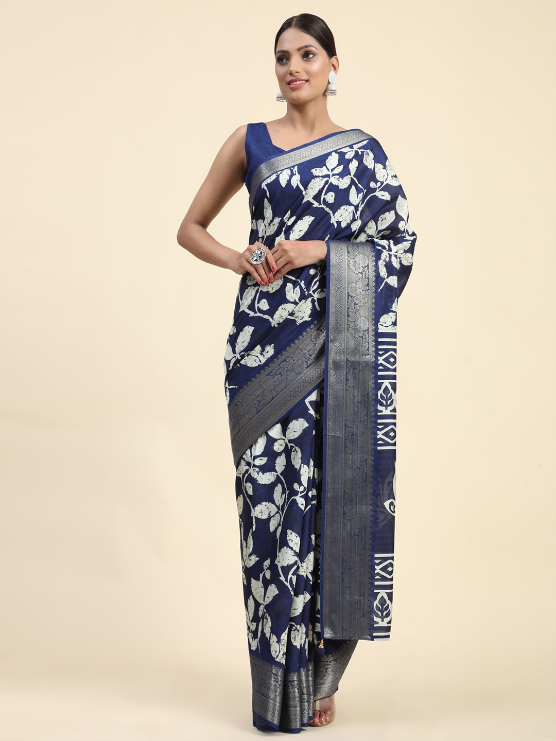 

Phenav Floral Printed Zari Brasso Saree, Navy blue