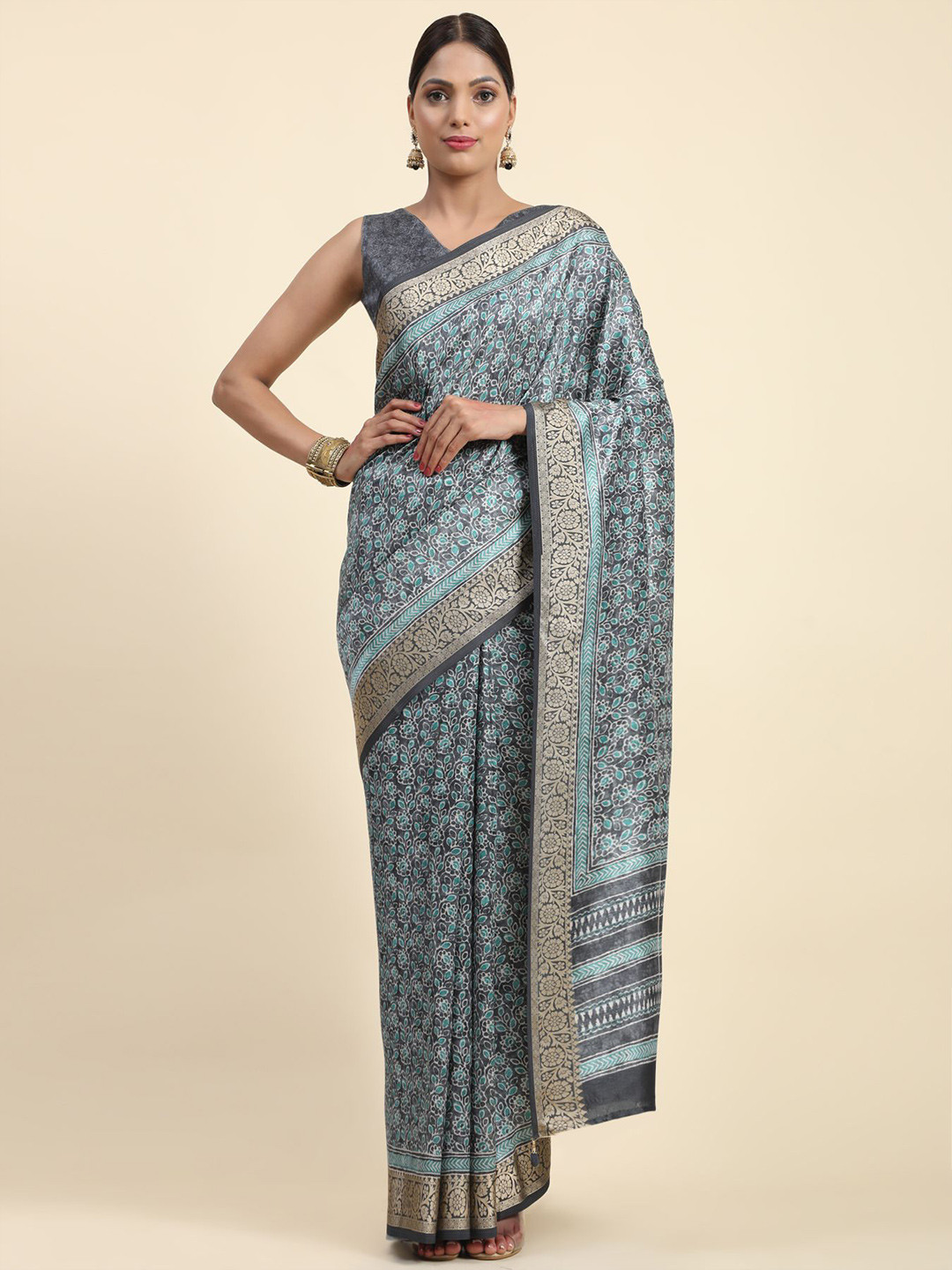 

Phenav Floral Printed Zari Brasso Saree, Blue