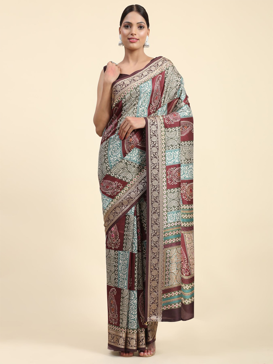 

Phenav Ethnic Motifs Printed Zari Brasso Saree, Brown