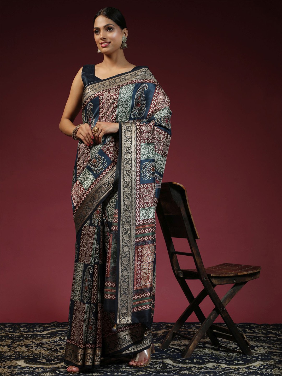 

Phenav Floral Printed Zari Brasso Saree, Blue