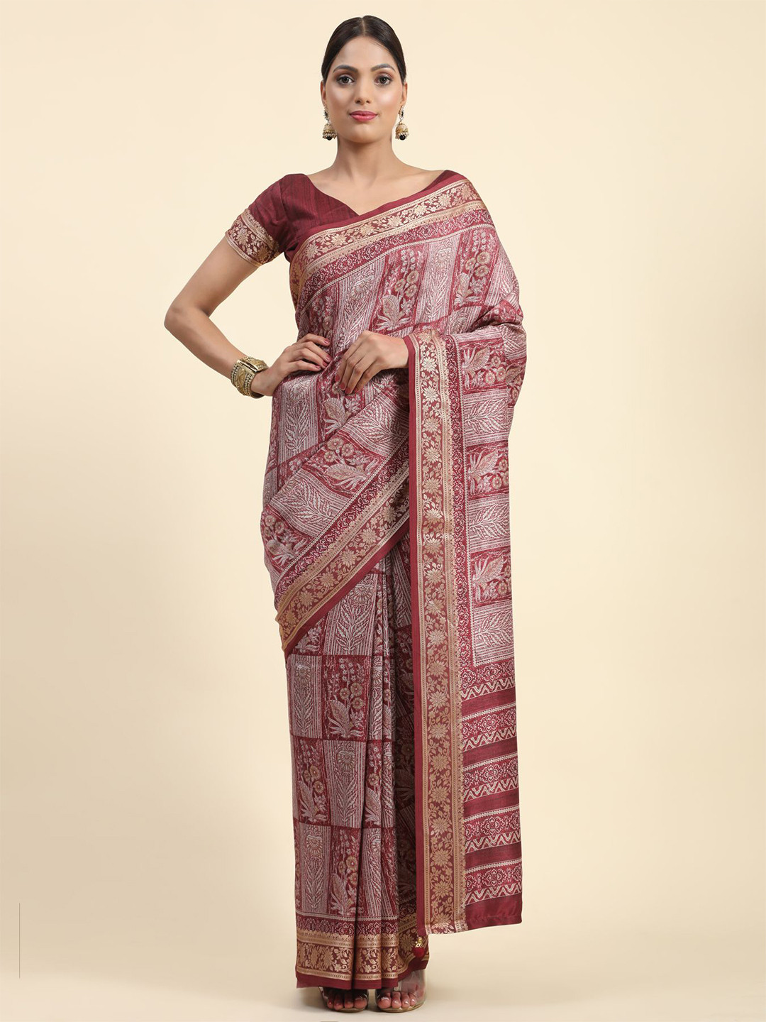 

Phenav Floral Printed Brasso Zari Saree, Maroon