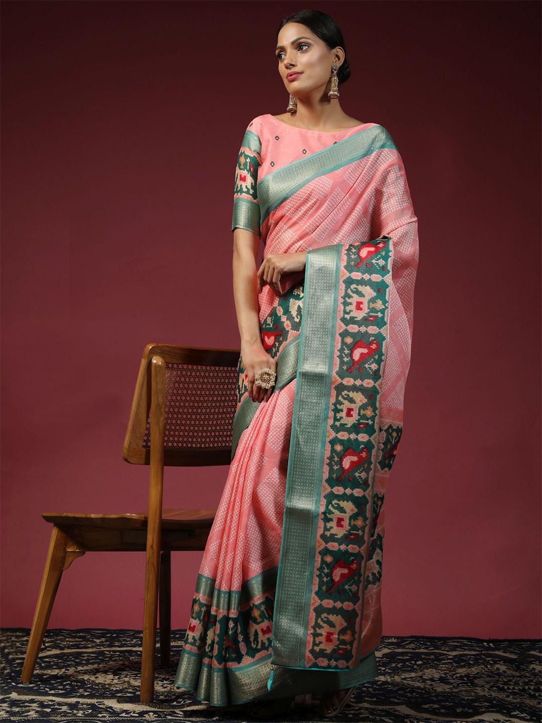 

Phenav Ethnic Motif Printed Zari Brasso Patola Saree, Pink