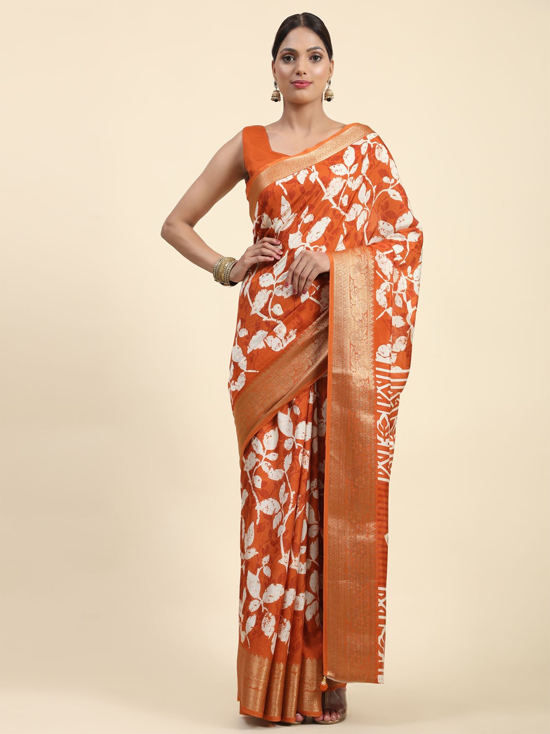 

Phenav Floral Printed Brasso Zari Saree, Orange