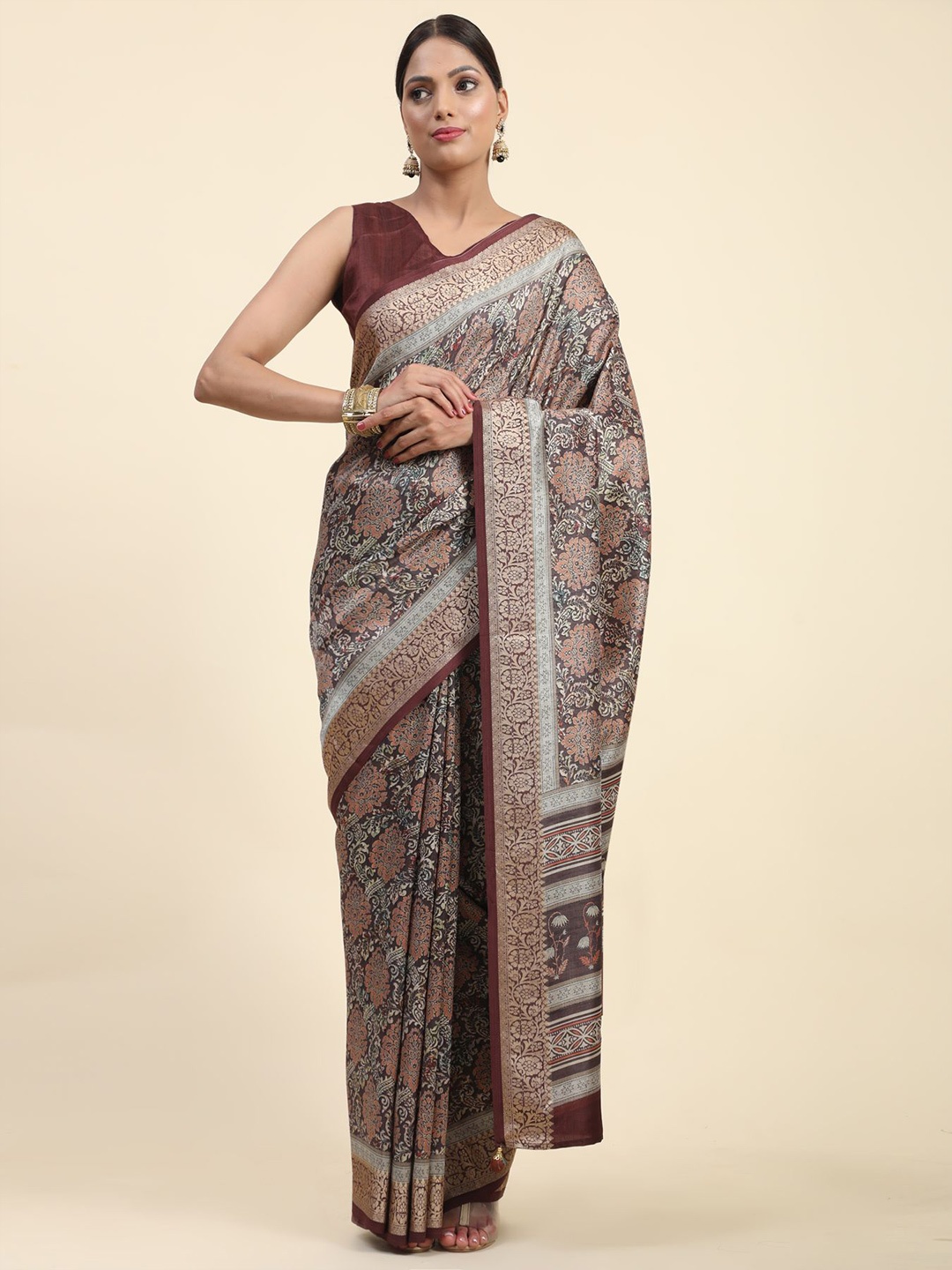 

Phenav Ethnic Motifs Printed Zari Brasso Saree, Brown