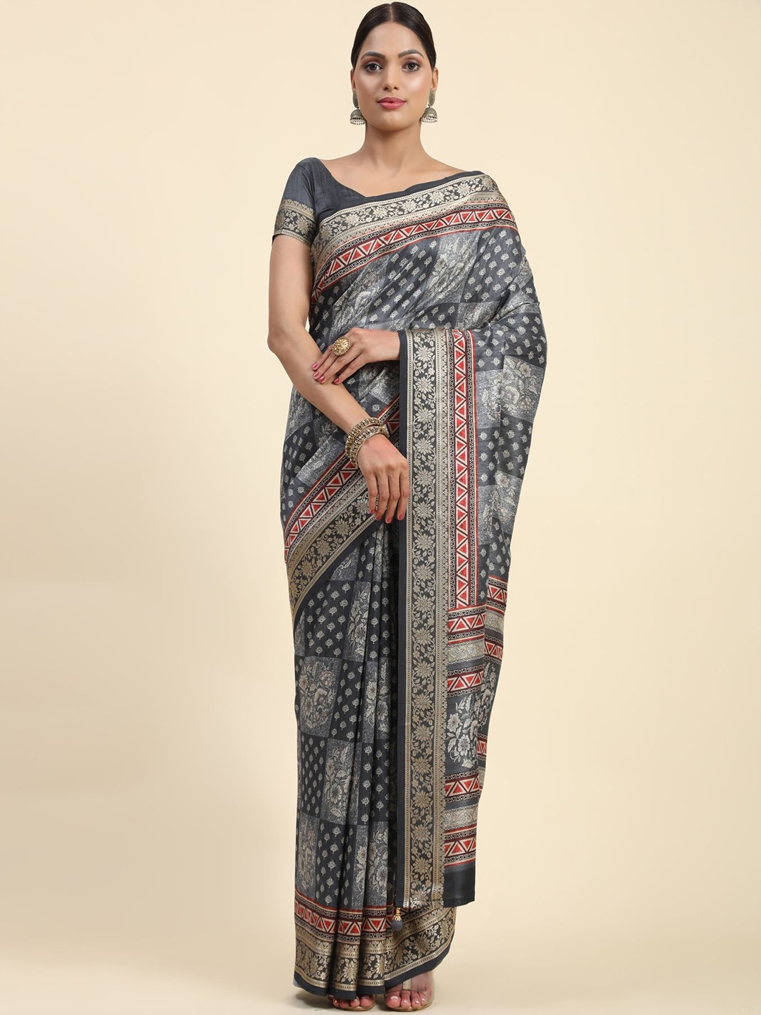 

Phenav Ethnic Motifs Woven Design Zari Brasso Saree, Grey