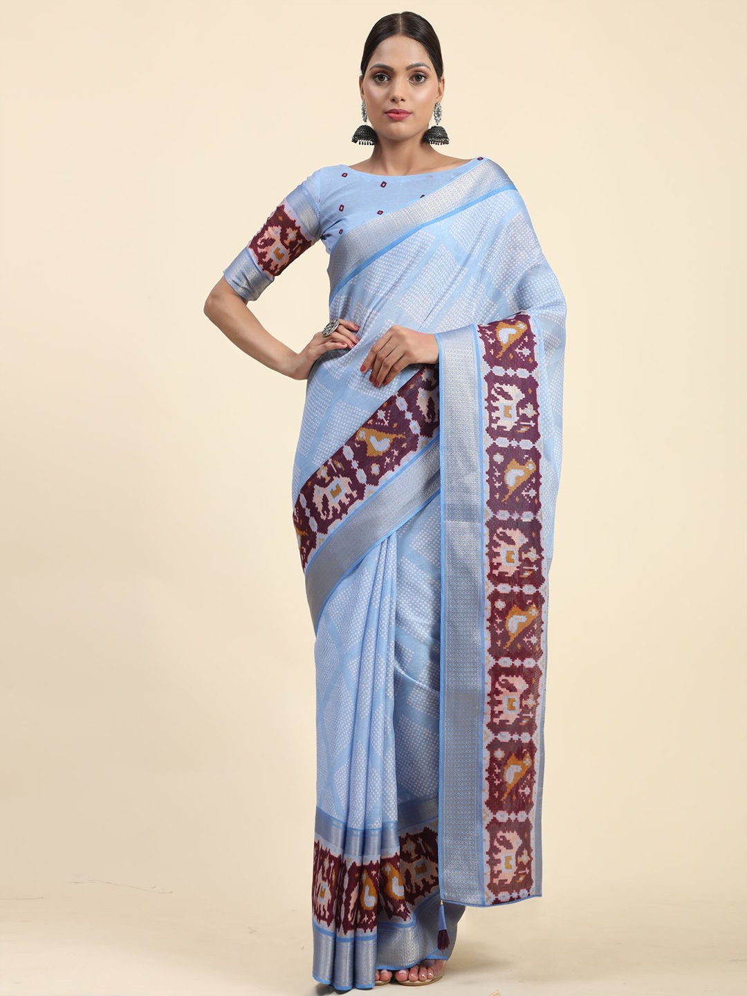 

Phenav Ethnic Motifs Printed Zari Patola Saree, Blue