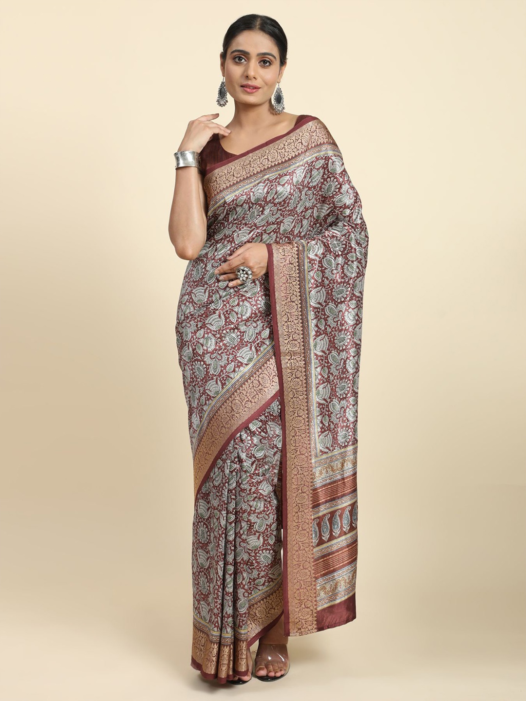 

Phenav Ethnic Motifs Printed Zari Brasso Saree, Brown