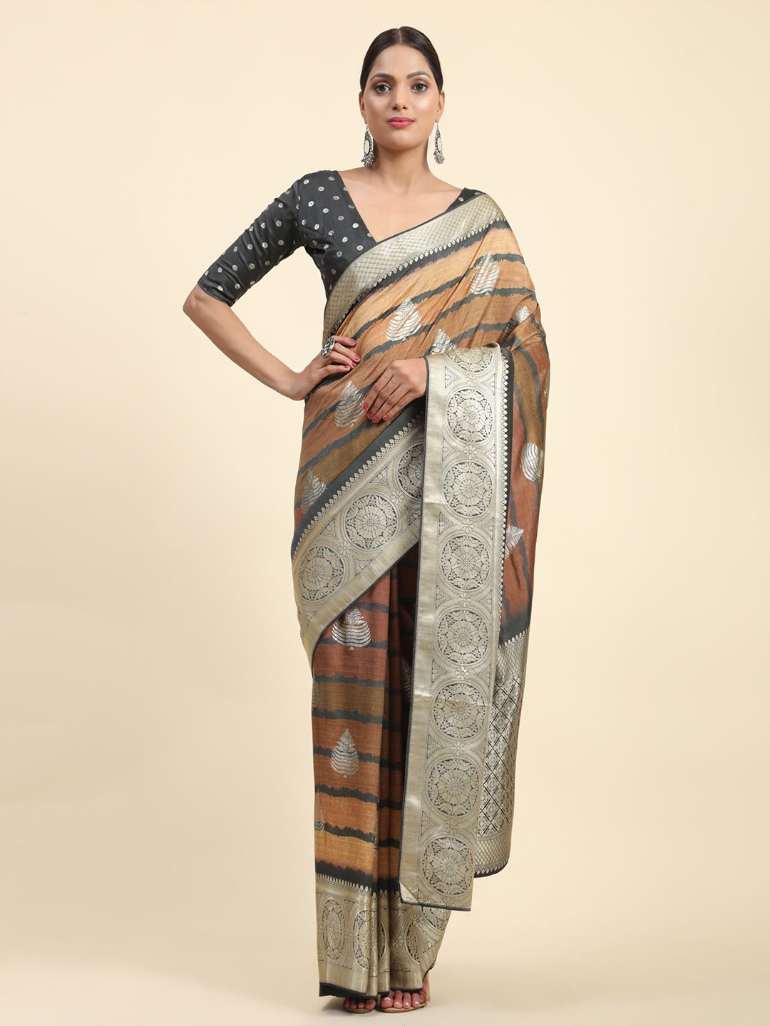 

Phenav Ethnic Motifs Woven Design Zari Saree, Brown