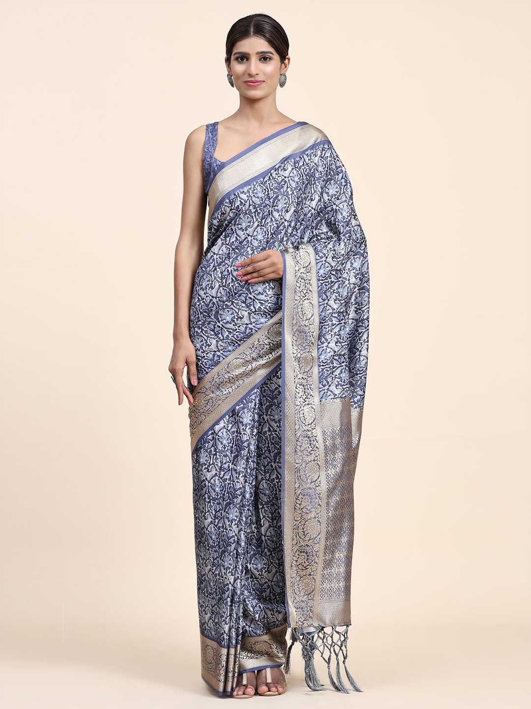 

Phenav Ethnic Motifs Printed Zari Brasso Saree, Blue