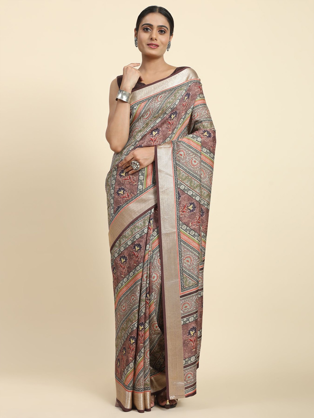 

Phenav Floral Printed Zari Brasso Saree, Brown