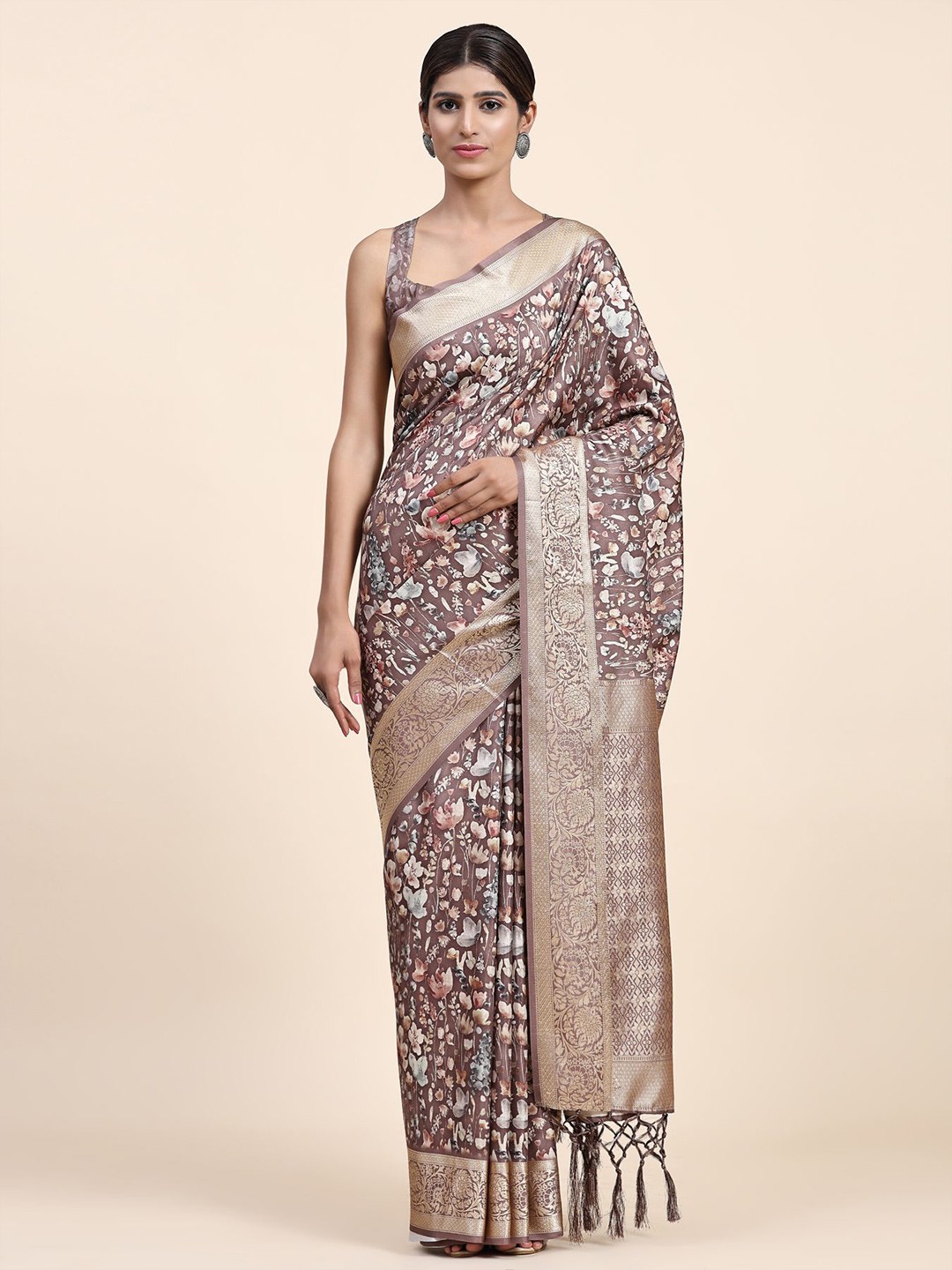 

Phenav Floral Printed Zari Brasso Saree, Beige