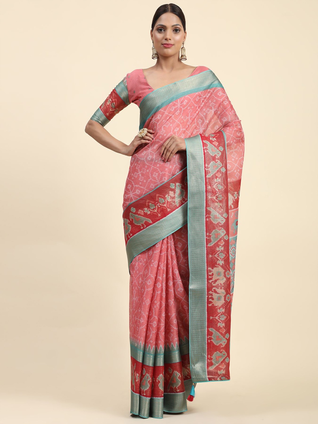 

Phenav Ethnic Motifs Printed Zari Patola Saree, Pink