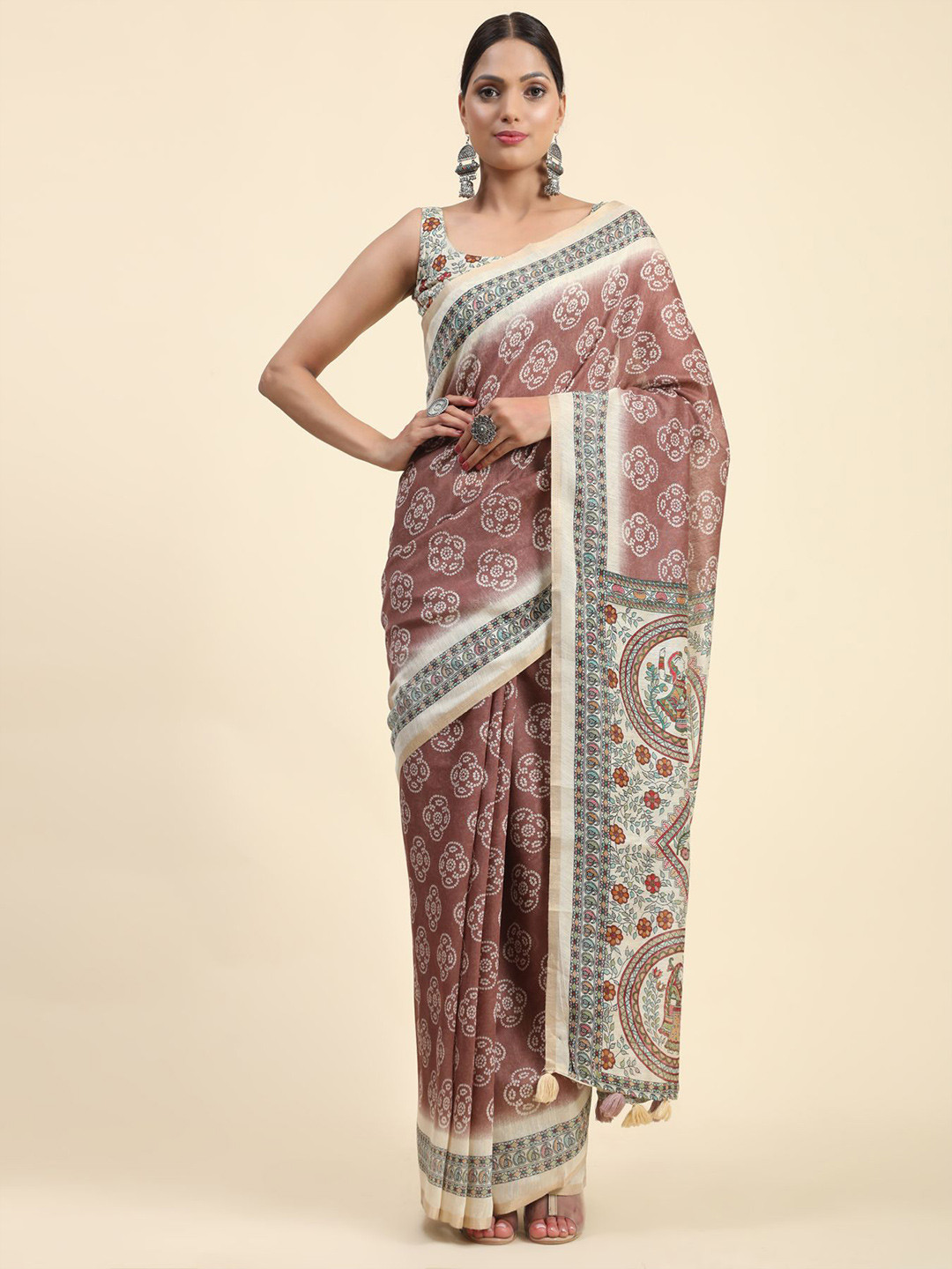 

Phenav Ethnic Motifs Printed Brasso Saree, Brown