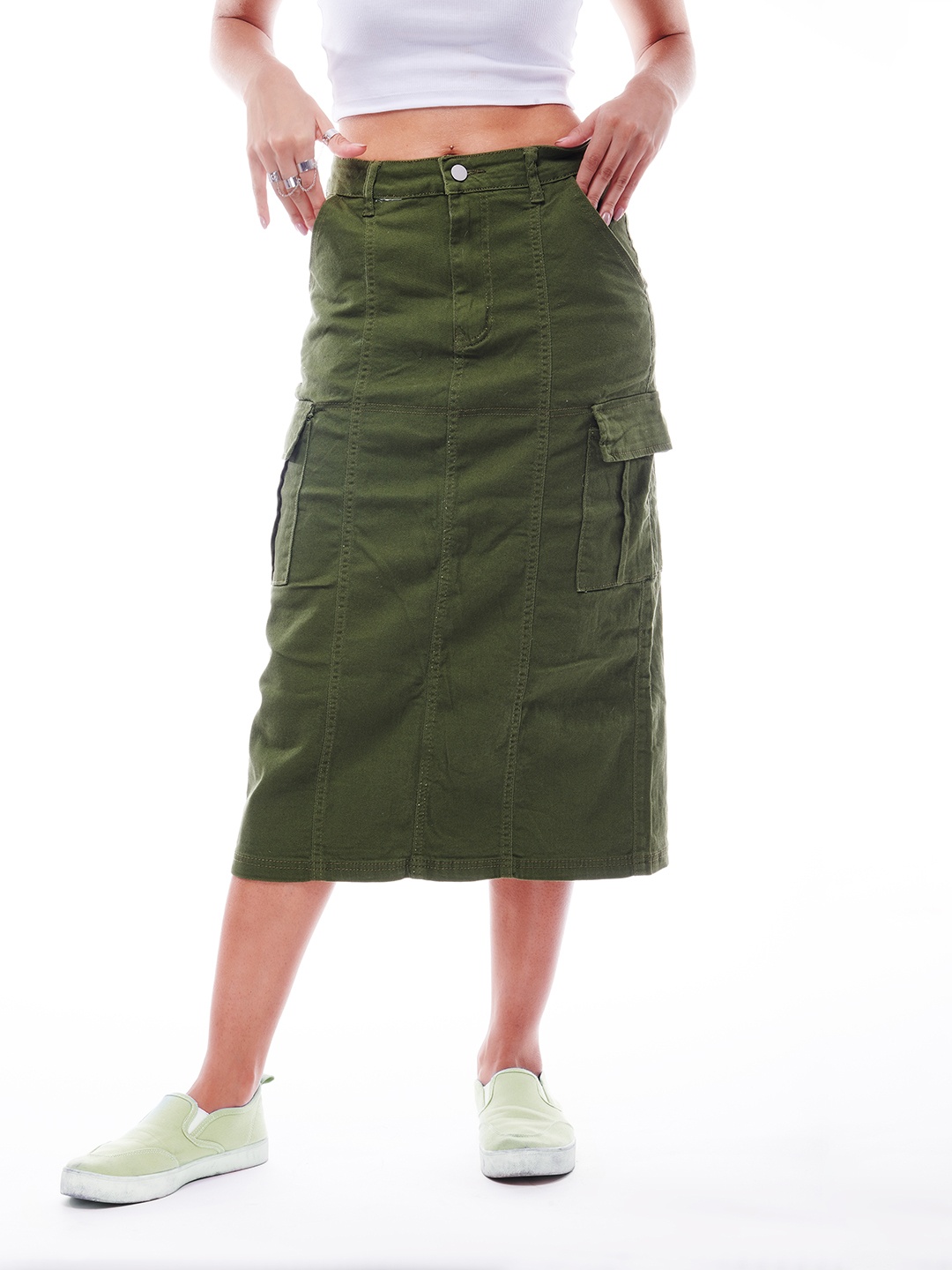 

IZF Women Straight Denim Cargo Midi Skirt, Green