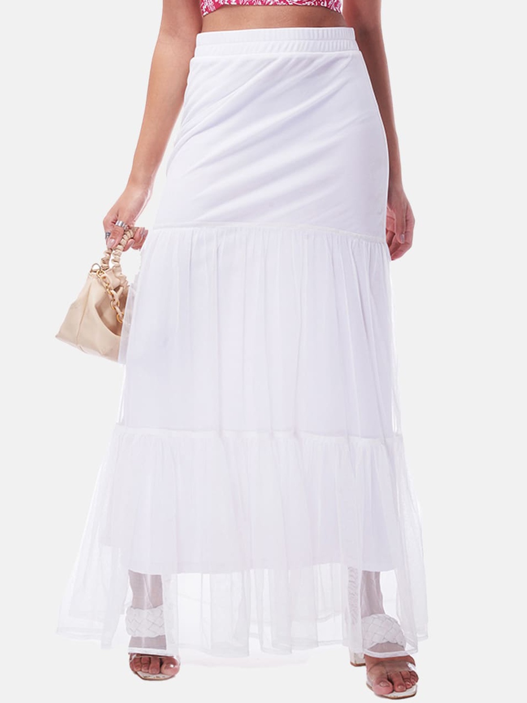 

IZF Women Mesh Tiered Flounce Maxi Skirt, White