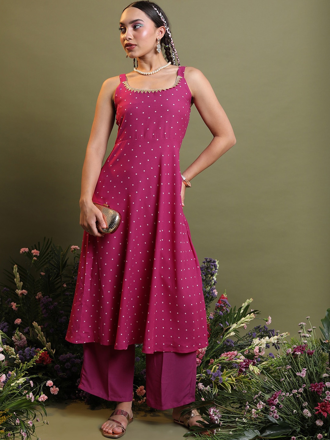 

Vishudh Magenta Geometric Printed Sequinned Detail Anarkali Kurta with Palazzos