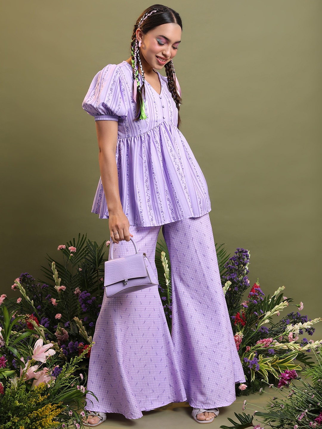 

Vishudh Lavender Printed A-Line Top & Flared Palazzos