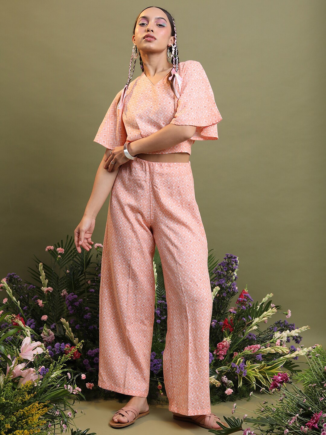 

Vishudh Printed Crop Top With Printed Pants, Peach