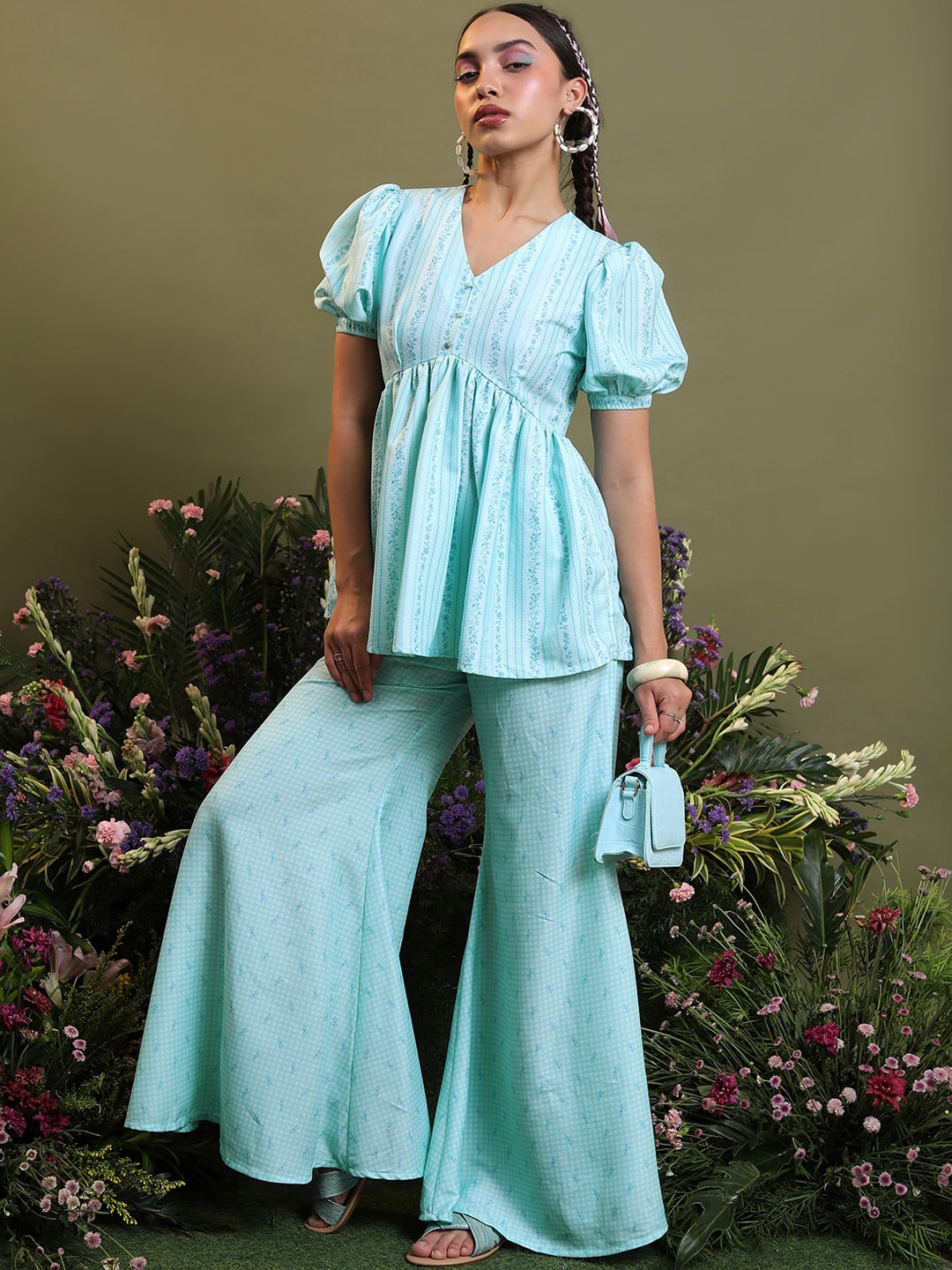 

Vishudh Blue Printed A-Line Top & Flared Palazzos