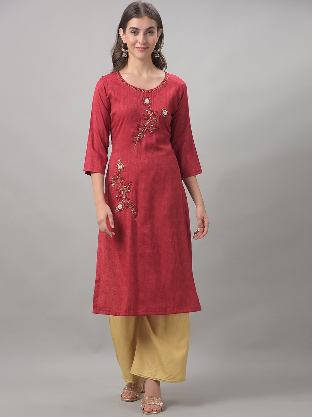 

Dollar Missy Round Neck Floral Embroidered Beads And Stones Straight Kurta, Maroon