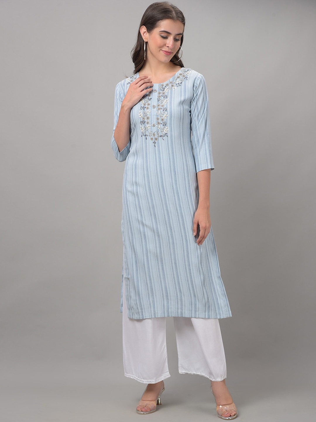 

Dollar Missy Round Neck Woven Design Floral Embroidered Yoke Design Straight Kurta, Blue