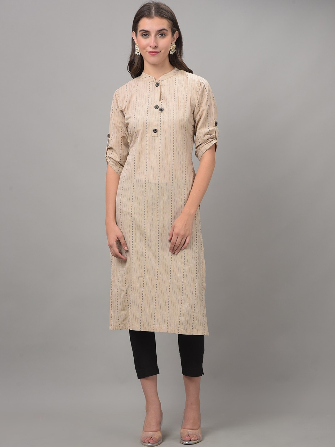 

Dollar Missy Mandarin Collar Stripped Rolled-Up Sleeves Straight Kurta, Beige