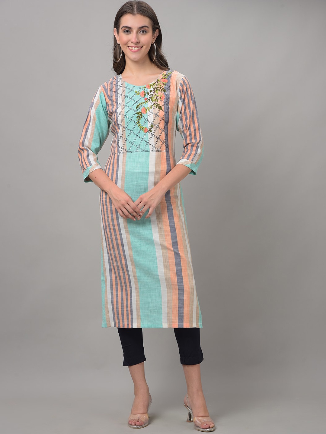 

Dollar Missy Round Neck Woven Design Striped Thread Work Straight Kurta, Peach