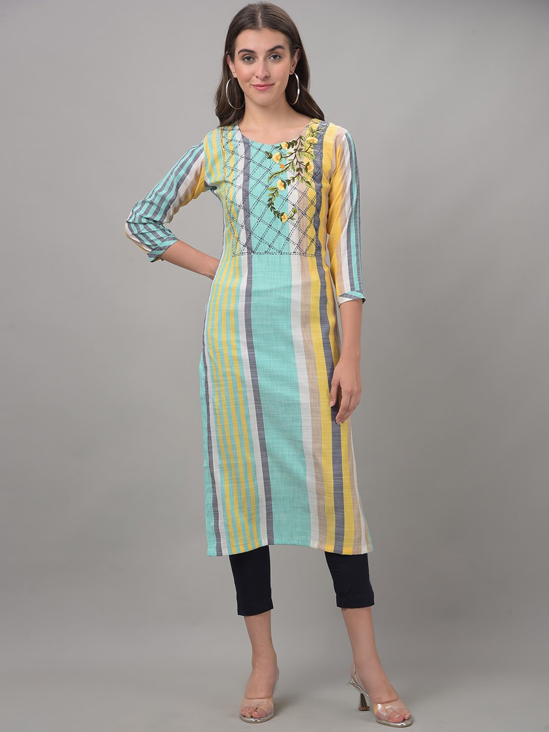 

Dollar Missy Round Neck Woven Design Striped Thread Work Straight Kurta, Yellow