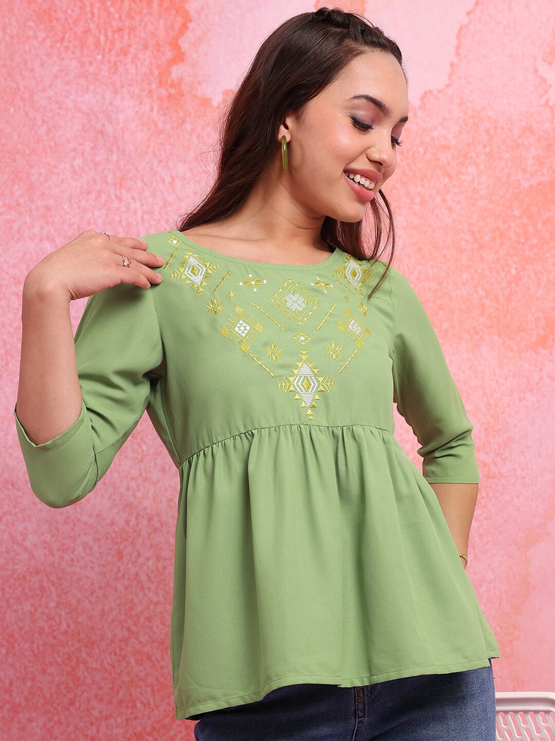 

Vishudh Ethnic Motifs Embroidered Peplum Top, Green