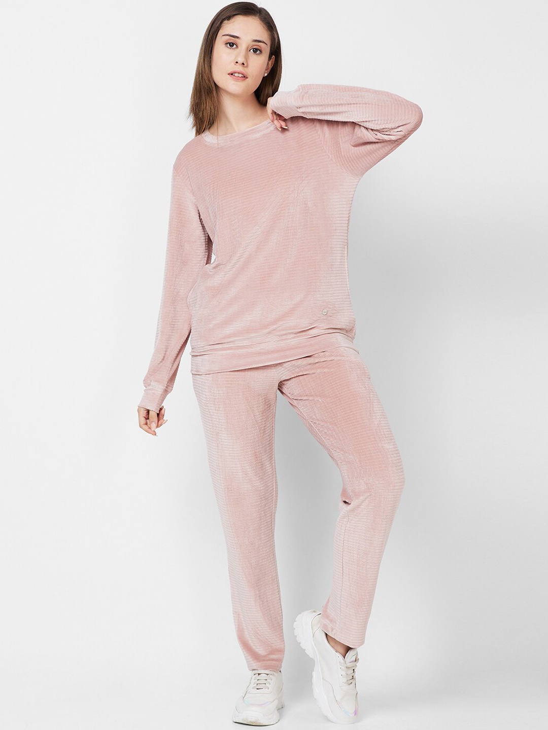 

XIN Striped Drop Shoulder Sleeves Tracksuits, Pink