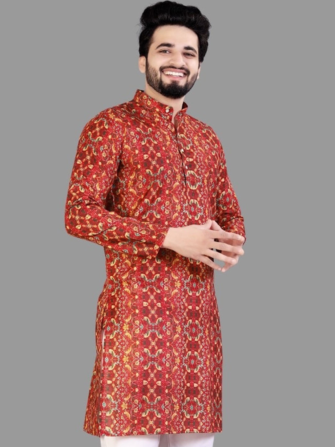 

CELLUX Abstract Printed Band Collar Straight Kurta, Red