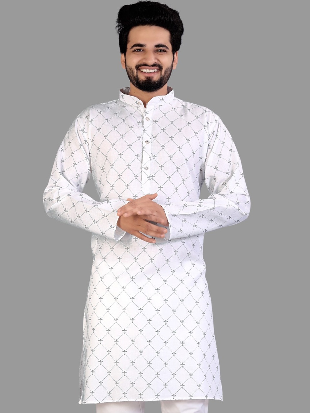 

CELLUX Geometric Print Band Collar Long Sleeves Kurta, White