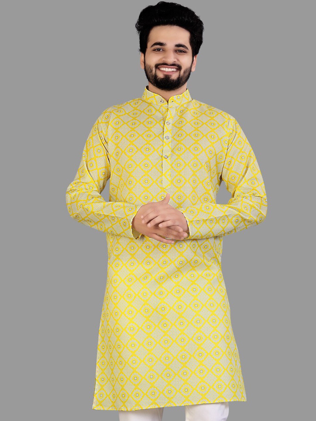 

CELLUX Geometric Print Band Collar Long Sleeves Cotton Kurta, Yellow