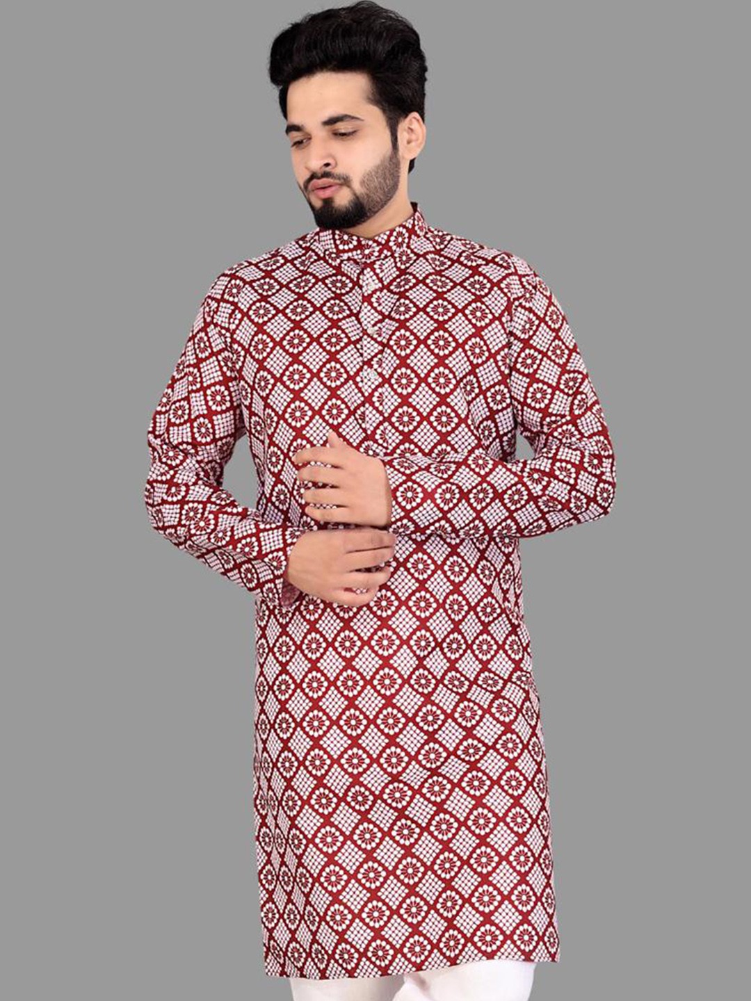 

CELLUX Geometric Checked Long Sleeves Kurta, Red