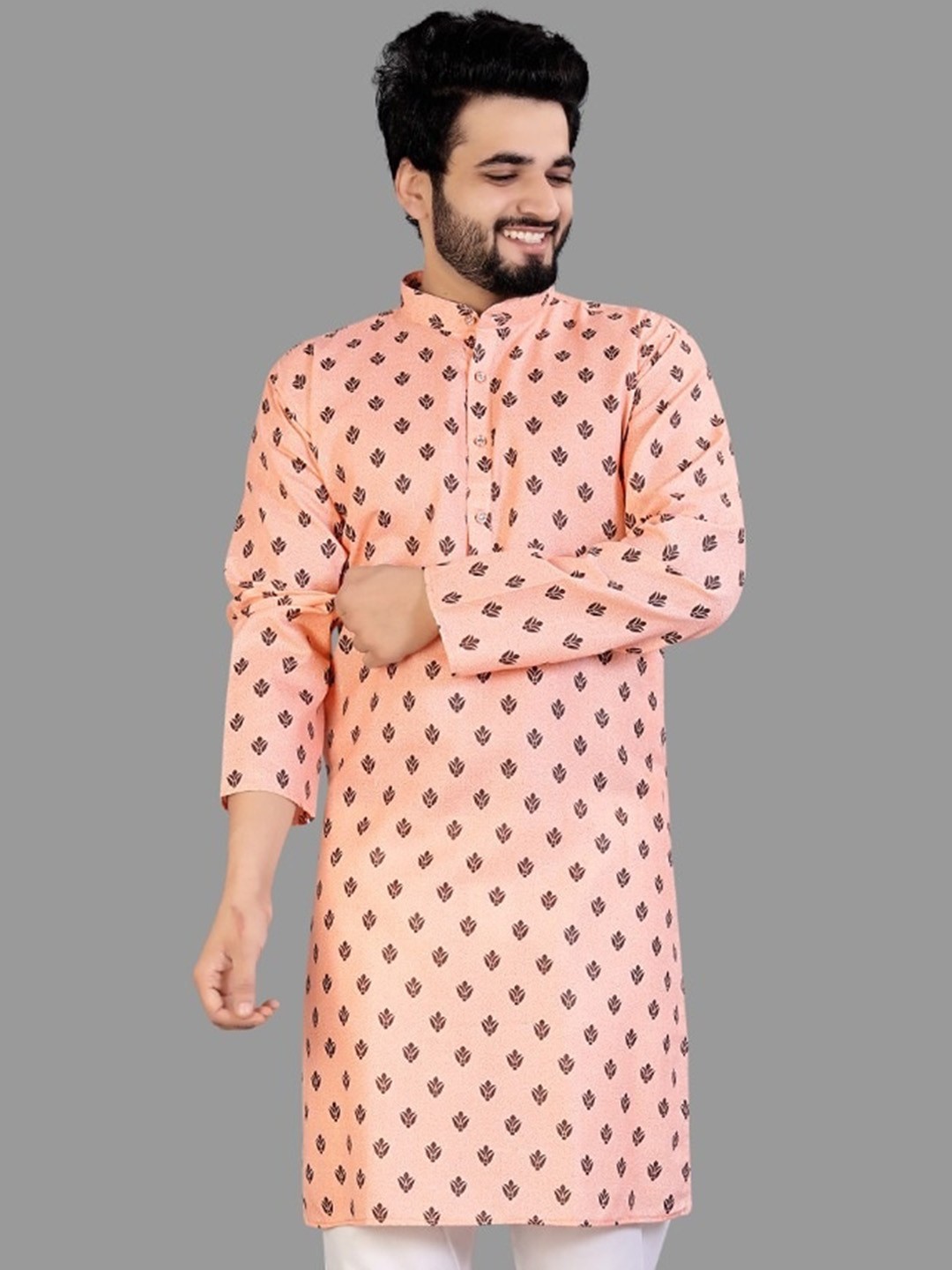 

CELLUX Ethnic Motifs Band Collar Long Sleeves Kurta, Peach