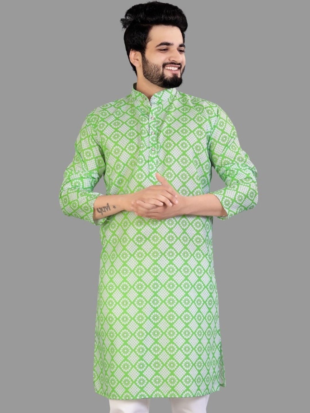 

CELLUX Geometric Checked Long Sleeves Kurta, Lime green